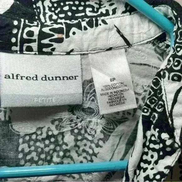 Alfred Dunner 8P Button Up Shirt Leaf Print Black, White, Teal Trim Long Sleeve - Picture 3 of 3